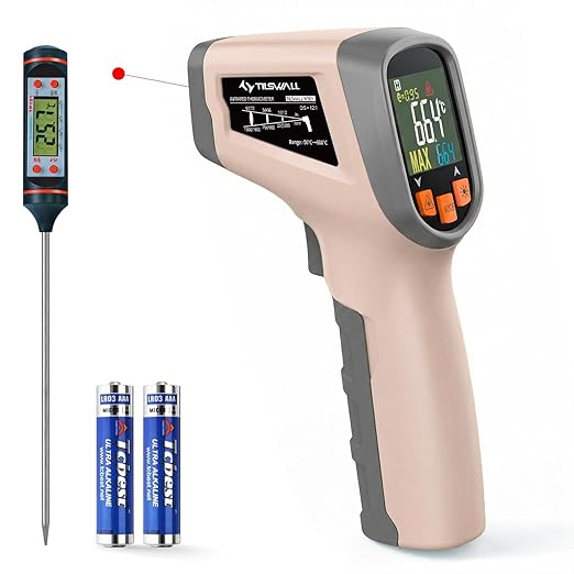 Tilswall Infrared Thermometer Gun, Laser Temperature Gun, -50°C~600°C (-58F~1112F) with Adjustable Emissivity, for Cooking/BBQ/Vehicle Repair, Meat Thermometer Included, Not for Human(Pink),W301