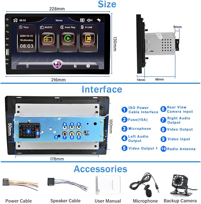 9 Inch Single Din Car Stereo Wireless Carplay Android Auto, 1 Din Touch Screen Car Radio FM AM Audio Receiver with Bluetooth EQ SWC Mirror Link, Backup Camera Mic