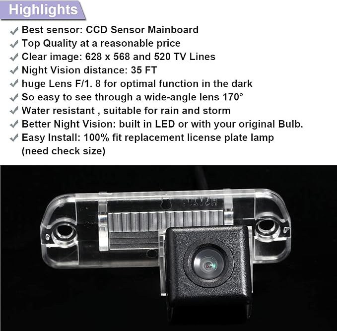 HD Backup Camera,170 Wide Angle, License Plate, IP67 Waterproof, Reverse Camera for Mercedes Benz MB100 GL Class GL320 R Class W251 Viano Vito CL500 CL600 CL63 CL65 E320 Modell w210