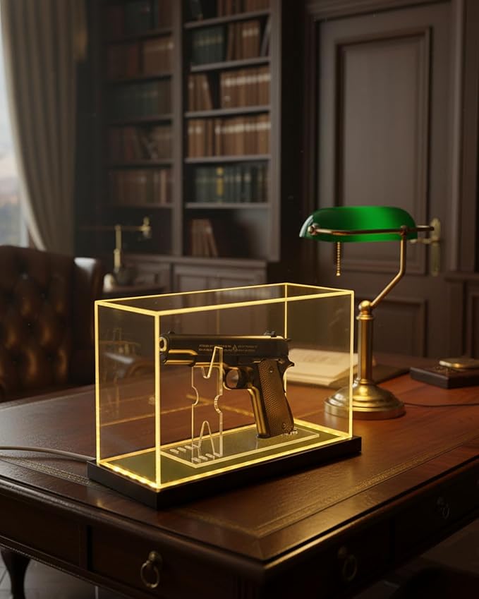 Premium Acrylic Pistol Display Case with Amber Yellow LED Light, Solid Wood Base & Built-in Stand | UV Resistant Pistol Display Box for Gun Collector, Fits Most Pistols - 12" x 5.3" x 7.5"