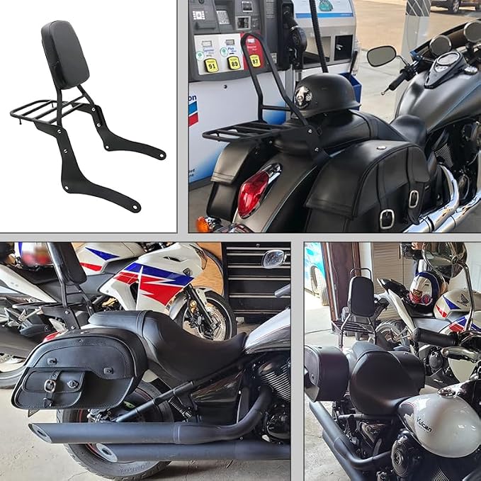 Comfortable Leather Backrest Sissy Bar + Luggage Rack Pad Compatible With Kawasaki Vulcan 900 VN900 1996-2018 (Chrome) (Black)