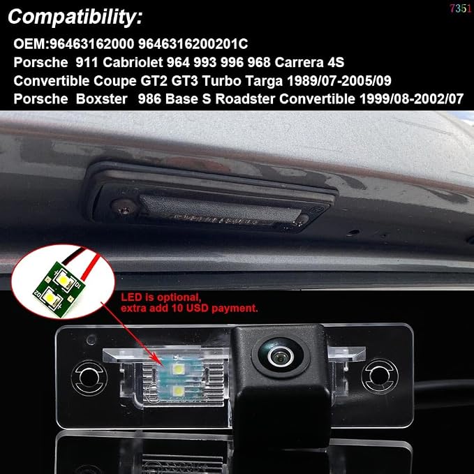Car Night Vision Backup Camera,Waterproof License Plate Rear View Camera Replacement for Porsche 911 Cabriolet 964 993 996 968 Carrera 4S Convertible Coupe GT2 GT3 Turbo Targa 1989/07-2005/09