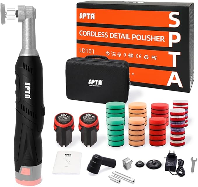 SPTA Cordless Mini Car Polisher, 12V Micro Cordless Scratches Killer Car Polisher RO/DA Mini Car Polisher for polishing, Sanding and Cleaning