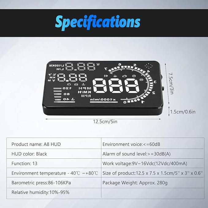 5.5'' HUD Head Display, Windshield Screen Projector Vehicle Speed, Hud Overspeed Alarm, Km/h MPH, OBDII/EUOBD Interface Plug Car Hud Screen