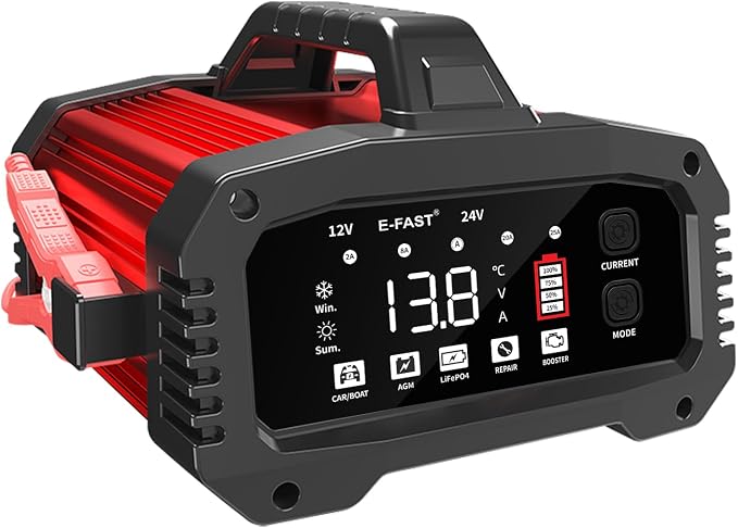 E-FAST 25A Smart Car Battery Charger, 12V/24V Automatic Automotive Battery Maintainer & Desulfator with 200s Booster Mode - Adjustable Amp Trickle Charger for Lead-Acid, AGM, Gel, LiFePO4