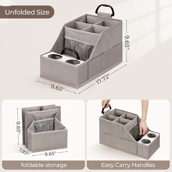 CROS 2 Pack Car Seat Organizer with Metal-Reinforced Cup Holders, 12 Storage Compartments Backseat Car Organizer, Travel Essentials for Kids Toys & Snacks, Non-Slip Seat Storage for SUV, Truck, Gray