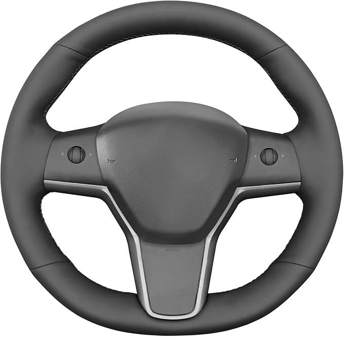 MEWANT Steering Wheel Cover Wrap for Tesla Model Y 2020-2023 Model 3 2017-2023 Made of Black Smooth Artificial Leather