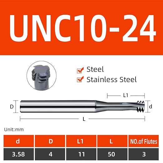5pcs UNC10-24 Thread Mill Cutter Solid Carbide Coating for Steel Stainless