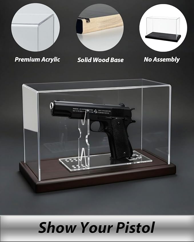 Premium Acrylic Pistol Display Case with Solid Wood Base & Clear Pistol Stand - UV Protection, Dustproof Gun Display Box for Collector Handguns, 1911, Glock and Memorabilia (11" x 4.2" x 6.7")
