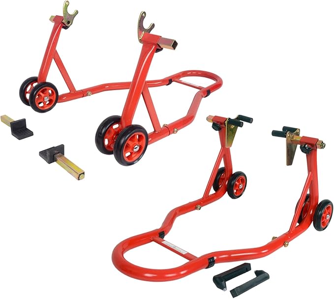 MOTO4U Motorcycle Stands Front and Rear, Front Rear Combo Stand Universal Wheel Lift Stand Swingarm Spool Lift Stand Paddock Stand Red
