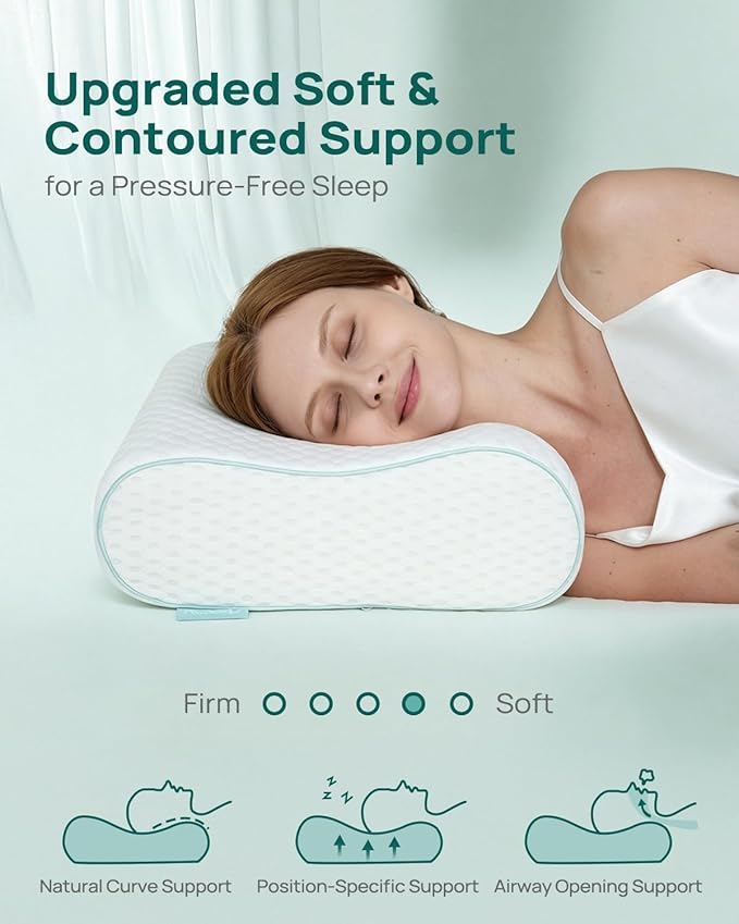 Releep Cervical Neck Pillow, Side Sleeper Pillow for Neck Pain Relief, Adjustable Contour Pillow for Sleeping, Ergonomic Memory Foam Pillow, Orthopedic Cooling Pillow Back Stomach Sleeping, Queen Soft
