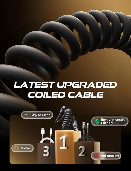 LISEN Coiled USB C Cable, 2 Pack for Android Auto & CarPlay Cable, Short USB A to USB C Cable C Gifts for Men Women ompatible with iPhone 17/16/15, Samsung Galaxy S25/S24/S23 A15/A14, Space Black 4FT