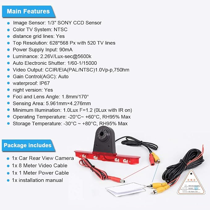 Super 1280x720 Pixel 1000 TV Lines 3rd Brake Light Reversing car Camera Brake lamp Parking for Citroen Dispatch Toyota Proace Peugeot Expert Traveller Van 3 Transporter from 2016 Third MPV Waterproof