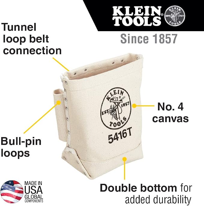Klein Tools D201-7CSTA Linesman Pliers, Side Cutters with Spring Loaded Action & 5416T Tool Bag, Bull-Pin and Bolt Pouch, No. 4 Canvas with Tunnel Connection, 5 x 10 x 9-Inch