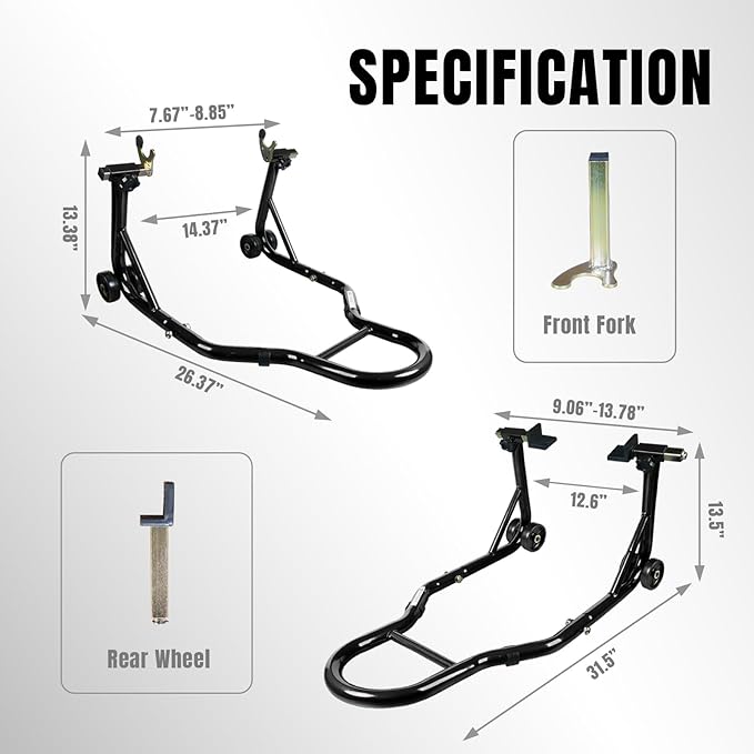 Motorcycle Stand Lift, Universal Paddock Lift Stand, 1100lbs Front Rear Combo Stand Lift Stand, Rear U+L Fork Swingarm Spool Stand 2-Pack Black