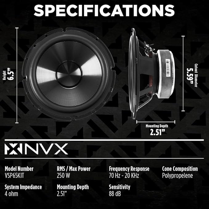 NVX VSP65KIT 750W Peak (250W RMS) 6.5" V-Series 2-Way Component Speaker System with 25mm Silk Dome Tweeters