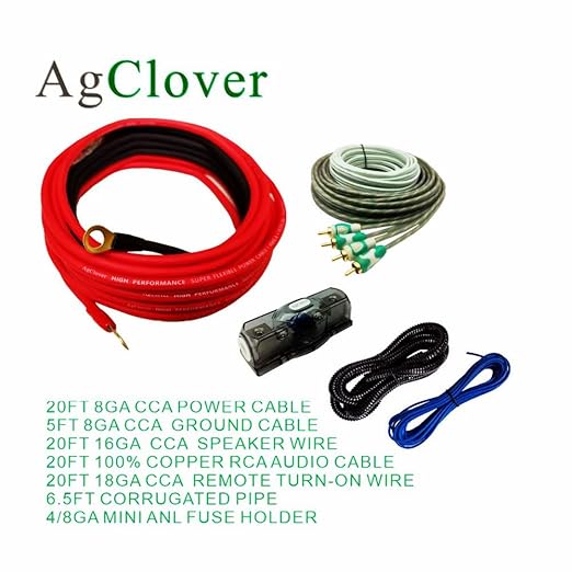 8 Gauge CCA Amplifier Wiring Kit 800W Power Handling Complete Amp Installation Kit for High-Performance Car Audio Systems, Delivers Clean Power to Subwoofers, Speakers & Head Units AGAK8