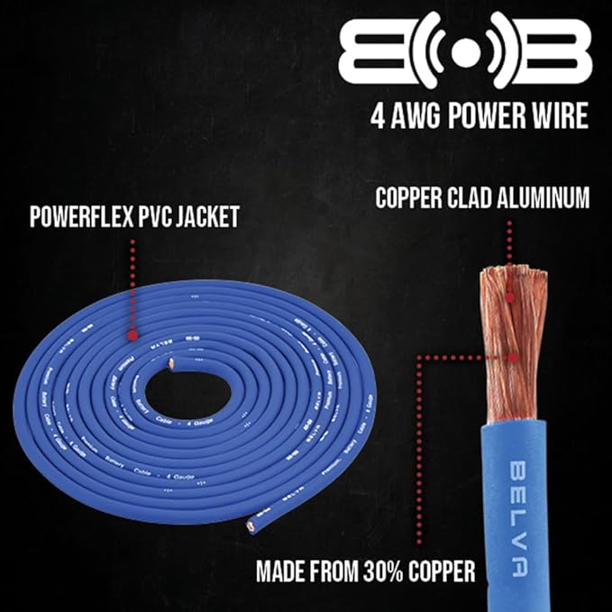 Belva True 4 Gauge AWG Premium CCA Complete Amplifier Wiring Kit with OFC 4-Channel RCA Cable - BAK44BL Blue