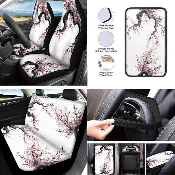 Cute Plum Blosso Print 13 pcs Full Set Car Accessories Retro Pink Flower Painting Front Rear Seat Protection Universal for SUV Truck Vans Sedans