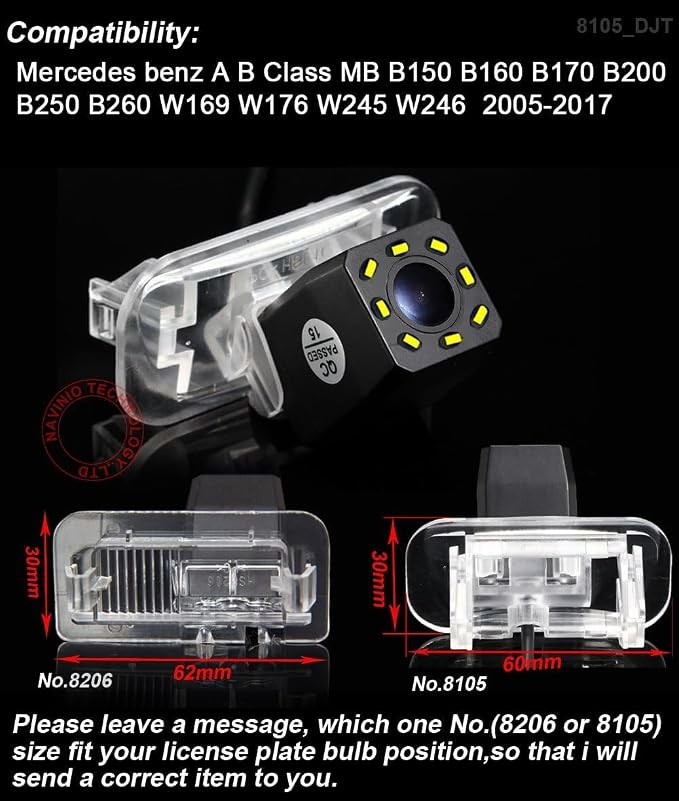 with 8 LEDs Night Vision Waterproof Car Rear View Backup License Plate Light Camera 170 Degree Viewing Angle, Replacement for Mercedes B200 A /W169 B Klasse Class T245 CAR