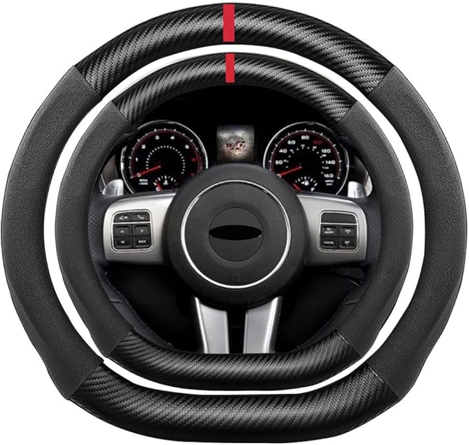 D Shape Suede Carbon Fiber Steering Wheel Cover, Compatible with Dodge Challenger Charger Durango 15 inch Flat Bottom Soft Suede Leather Sport Non-Slip Automotive Interior Accessories