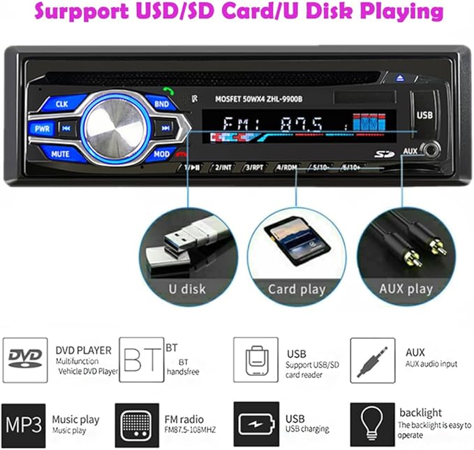 1 Din 12V Car Radio, VCD DVD CD Player Vehicle MP3 Stereo Player, Audio Stereo Receiver Support Bluetooth/FM/SD/USB/AUX/U Disk