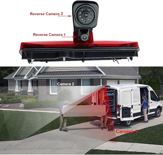 HD Auto Transporter Caravan Van Brake Light Roof Rear View Reversing Backup Dual-Lens Camera with Angle Adjustable Compatible with Ford Transit Connect 2/XL Cargo Titanium Passenger Wagon SUV MPV Bus