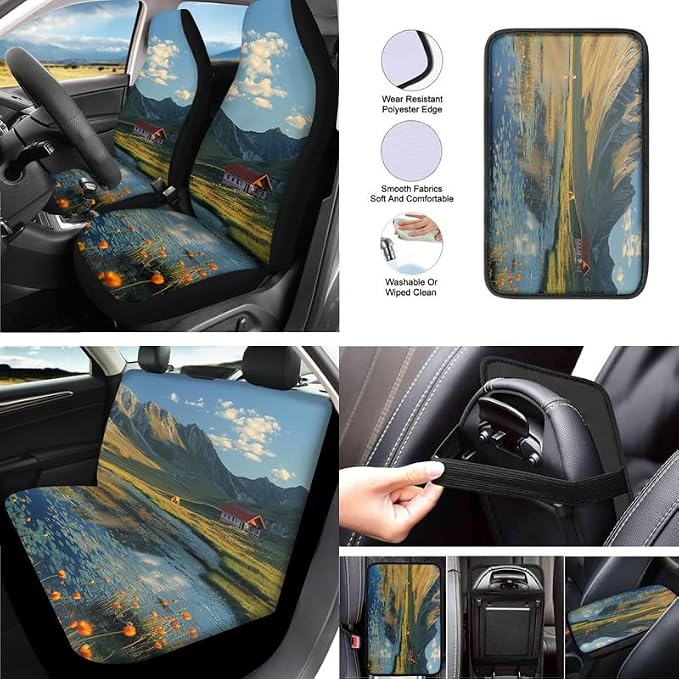 Mountiantop Lakeside House Car Seat Covers Seat Cover Set of 13 Pack Landspace Oil Painting Ultra-Soft Universal Fit for Cars Keychain Coaster for SUV Sedan Van