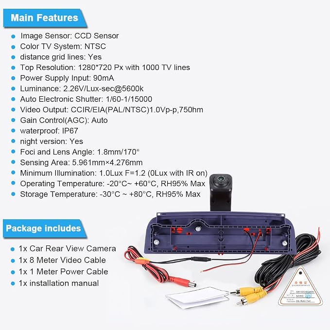 1280 * 720 Pixel Super HD Brake Light Backup Camera Transporter Waterproof Night Vision Reversing Camera Replacement for Ford Transit Connect 2 II/XL Cargo Titanium Passenger Wagon 2014-2022