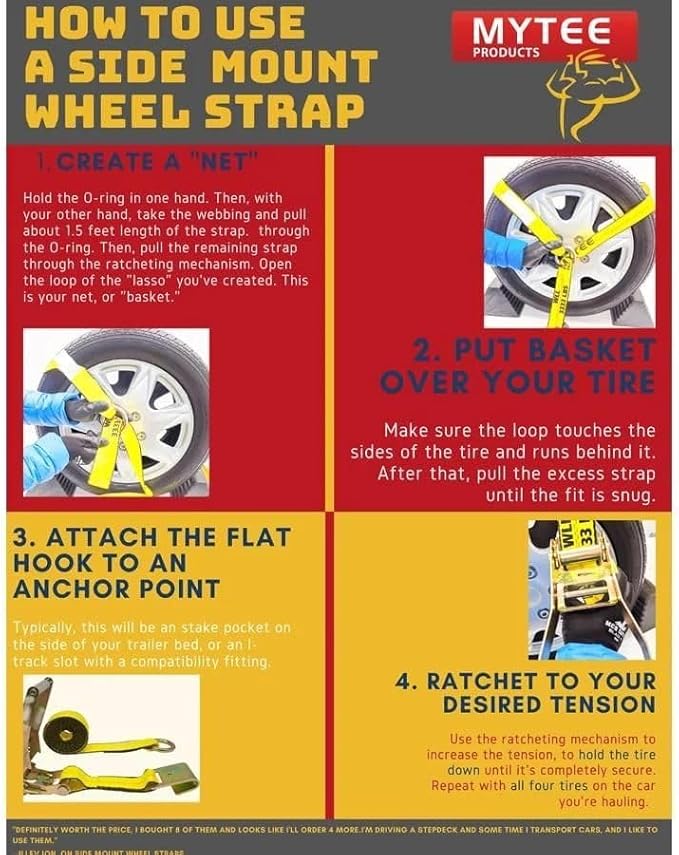 Mytee Products (8 Pack) 2" x 120" Car Tie Down Straps for Trailer with Flat Hook - 3333 LB WLL Lasso Style Tire Straps for Car Trailer with Ratchets - Vehicle Tie Down Wheel Straps for Hauling Cars