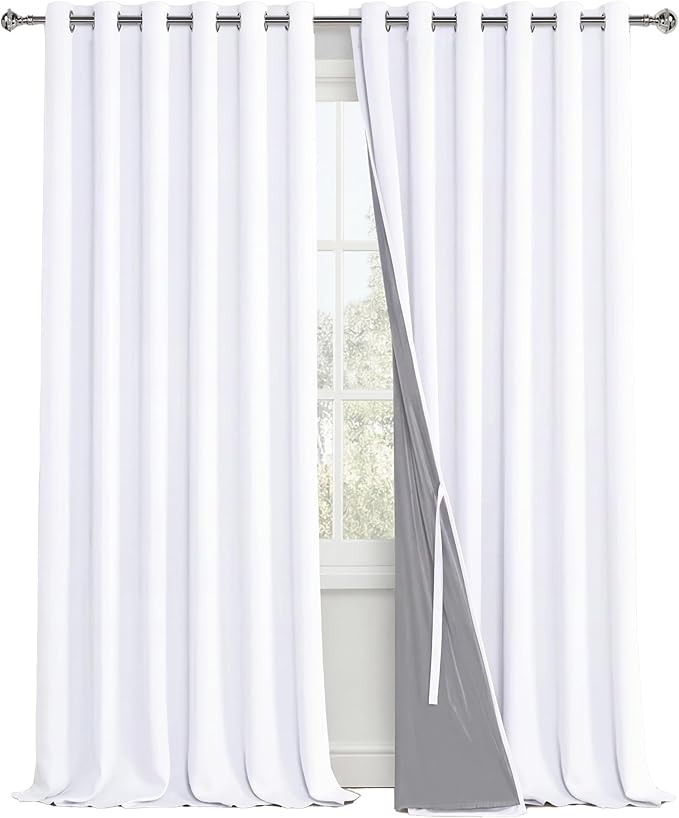 XWZO White 100% Blackout Curtains - Heat and Full Light Blocking Drapes with Black Liner for Large Windows, Grommet Top Window Panels with Tiebacks, White, W70 x L95, Set of 2