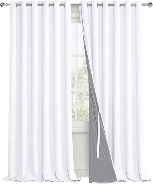 XWZO White 100% Blackout Curtains - Heat and Full Light Blocking Drapes with Black Liner for Large Windows, Grommet Top Window Panels with Tiebacks, White, W70 x L95, Set of 2