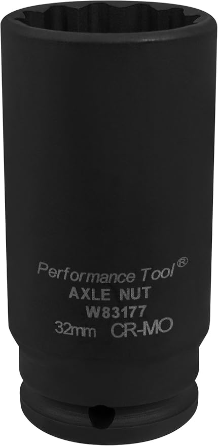 Performance Tool W83177 32MM Chrome Moly Axle Nut Socket for 6pt and 12pt Axle Nuts, Extra Deep Broach for Clearance, Designed for Air Impact Tool