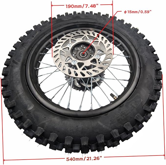 14 "Rear Wheel Rim Tire Assembly for Dirt Bike 90/100-14 15mm axle Rear Wheel Rim Tire Fits 50cc-125cc dirt bike TTR SSR CRF Apollo Includes brake disc and sprocket