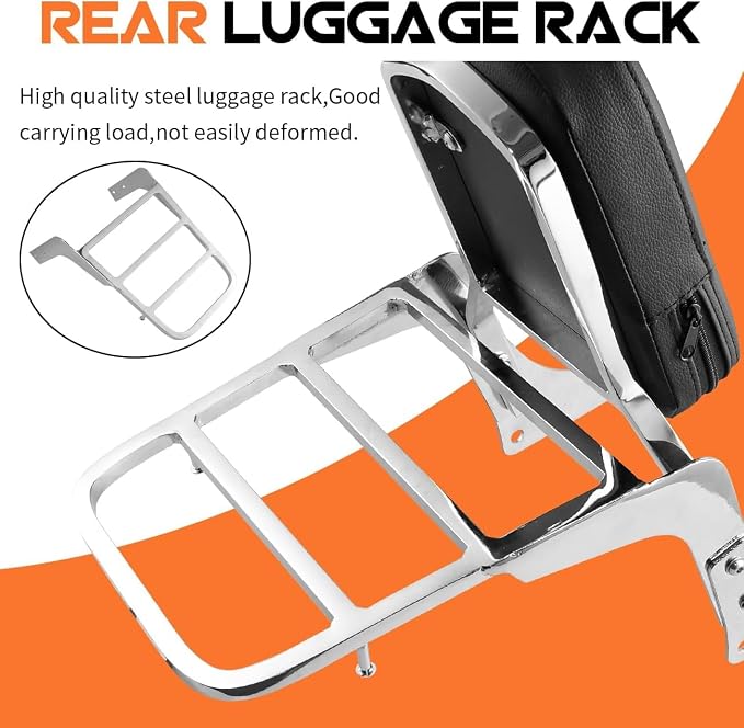 Compatible Motorcycle Sissy Bar Backrest + Luggage Rack Pad Compatible for Honda CA250 Rebel 250 CMX250 Heavt-Duty Silver
