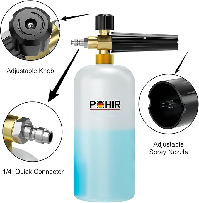 POHIR Short Pressure Washer Gun with Foam Cannon, 1/4 Inch Quick Connector, with 5 Pressure Washer Nozzle Tips 4500 PSI, 1 Liter