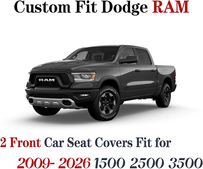 YIERTAI for Dodge RAM Seat Covers Fit 2009-2025 2026 1500/2500/3500HD Pickup Crew Double Cab Quad Cab Laramie Long Horn Rebel Tradesman Waterproof Leather Seat Cover(2 PCS Front only/Black-Blue)