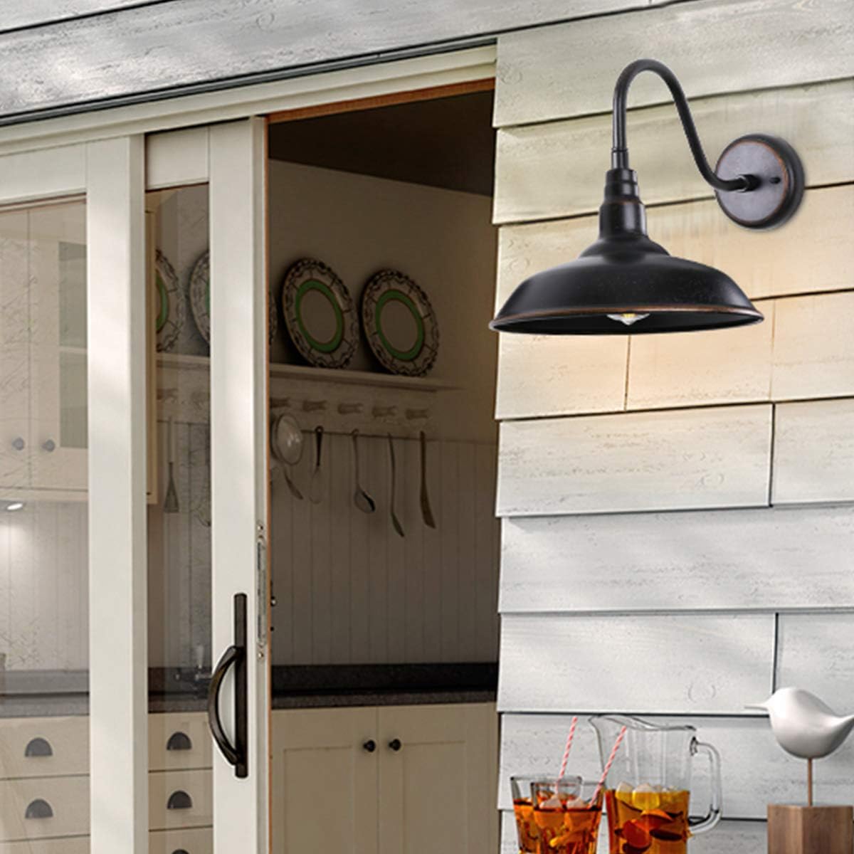 Gooseneck Outdoor Light Fixture, 10" Dome Exterior Farmhouse Lights for Barn, Bronze Porch Lighting, Gooseneck Wall Sconce for Patio Garage House