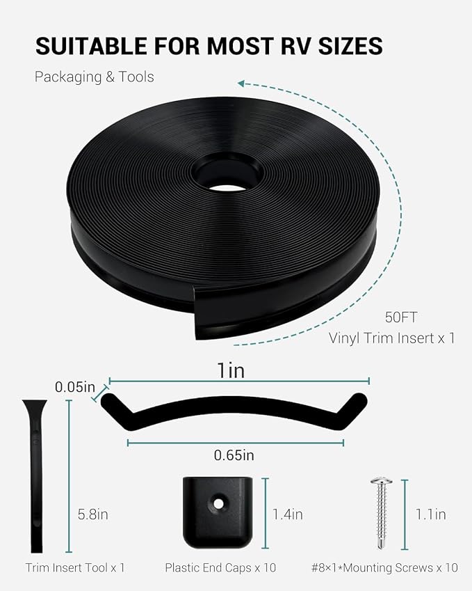 1” RV Trim Molding Insert, 50 Ft Heavy Duty RV Weather Stripping Exterior, Vinyl Rubber Seal Strip Includes End Caps, Screw Cover Trim for Camper Travel Trailer, Black