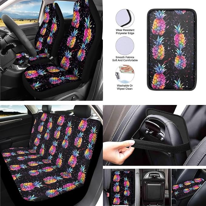 Starry Night Pineapple Hand Drawing Car Seat Cover Full Set Universal Starry Sky Fruit 13 Pcs for Front and Back Seat Cover Keychains for Trucks Sedan SUV