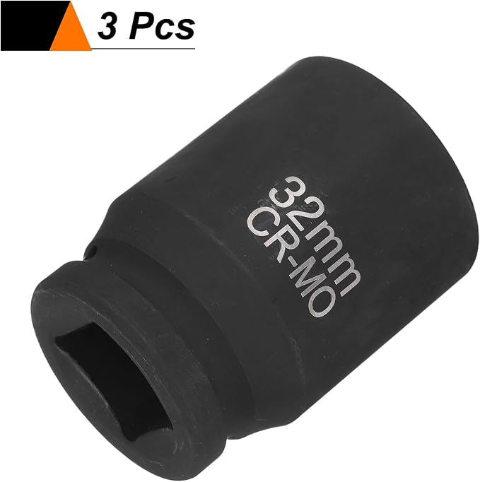 HARFINGTON 3pcs 4 Point Square Socket 1" Drive 32mm Metric CR-MO Phosphate Blackening Standard Wheel Impact Sockets for Auto Repair Mechanical Maintenance Home Install