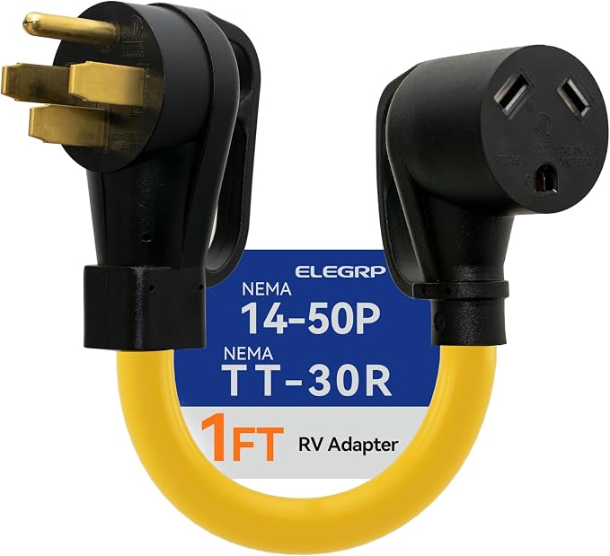 ELEGRP 50 Amp to 30 Amp RV Adapter Cord, NEMA 14-50P Male to TT-30R Female, 12" Heavy Duty Dogbone Electrical Converter for Travel Trailer Camper, STW 10/3 AWG with Grip Handles, UL Standard Compliant