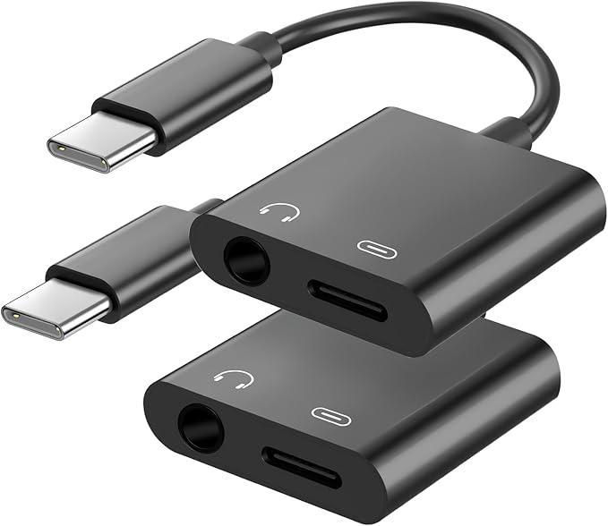 Seulliya USB C to 3.5mm Headphone Jack and Charger Adapter, 2-in-1 Audio & Fast Charging Splitter for Apple iPhone 17/16/15/Pro/Pro Max, iPad, Samsung, Pixel, and More 2Pack Black