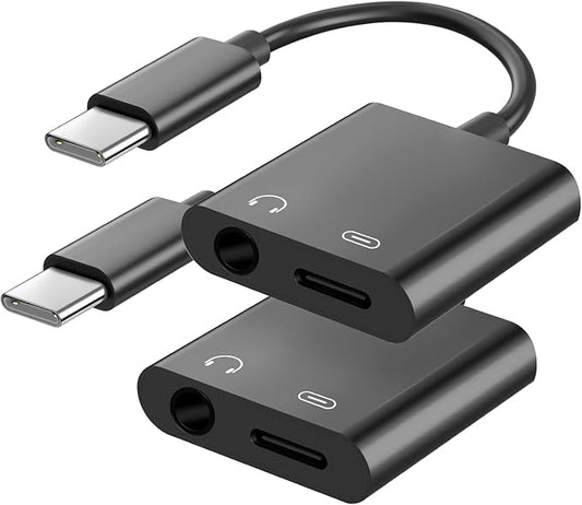 Seulliya USB C to 3.5mm Headphone Jack and Charger Adapter, 2-in-1 Audio & Fast Charging Splitter for Apple iPhone 17/16/15/Pro/Pro Max, iPad, Samsung, Pixel, and More 2Pack Black