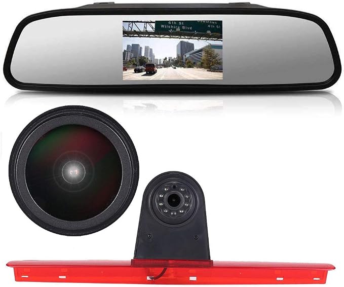 1280 * 720 pixel Super HD Brake Light Backup Camera Set with Rear-view Mirror Monitor, Night Vision Reversing Camera Replacement for VW T5 Bus Transporter Multivan Caravelle Bussiness 2003-2015 Bj