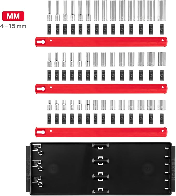 TEKTON 1/4 Inch Drive Shallow, Semi-Deep, and Deep 6-Point Socket Set with Rails and Trays, 42-Piece (4-15 mm) | SHD90120