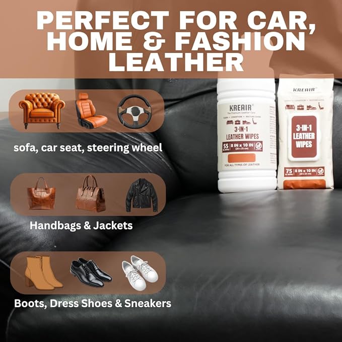 3in1 Leather Wipes 225 XL Count, Clean, Condition & Restore Shine, Extra-Large 8"x10" Wipes for Car Seats, Shoes, Furniture & Bags, Thick, Durable & Non-Linting, Safe for All Leather Types