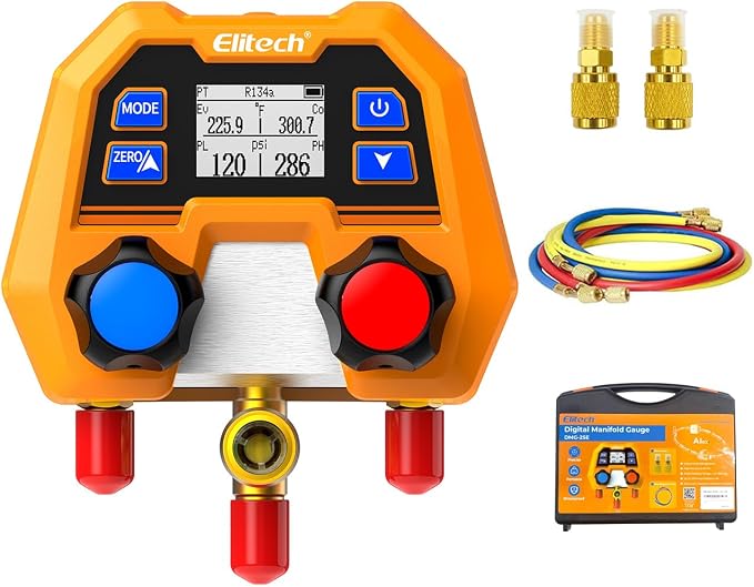 Elitech HVAC Gauge Set, Digital Manifold Gauge Set for HVAC & Automotive Systems, Supports 88 Refrigerants, DMG-2SE with 3 Color Hoses & 2 R410A Adapters