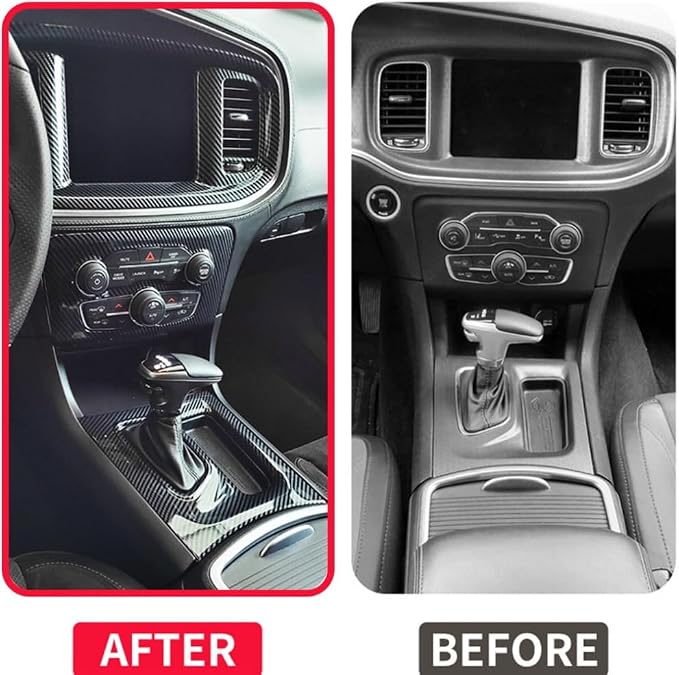 5-Piece Interior Trim Set, Carbon Fiber Shift Boot & Center Console Panels, for 2016-2021 Dodge Charger - Car Interior Accessories Kit - Enhance Car Interior Style (Carbon Fiber Black)