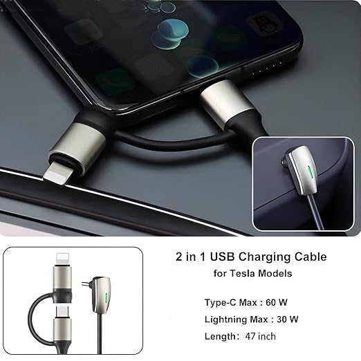 2 in 1 USB C to L,USB C to USB C Fast Charging Cable for 2026 Tesla Model 3/Y/X/S/Cybertruck 90° Right-Angle Charging Cable Compatible with iPhone 11/12/13/14 and Vehicles Dock(4FT,60W)